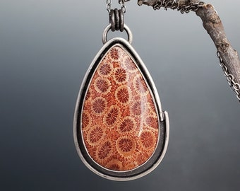 large fossil coral pendant sterling silver, statement necklaces for women, handmade jewelry, unique gifts for her, silversmith