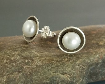 modern pearl earring studs, sterling silver post earrings handmade, artisan jewelry, birthday gifts for women, modern jewelry for the bride