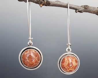 gemstone earrings sterling silver, fossil coral earrings women, handmade jewelry, unique gifts for her, silversmith jewelry, birthday gifts