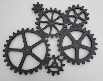 Six Gear Wall - Black -  Steampunk Industrial Americana Cog Wheel Cogs Gears Sprocket Farm Art Steampunk Decor Steampunk Wall Decor Stem