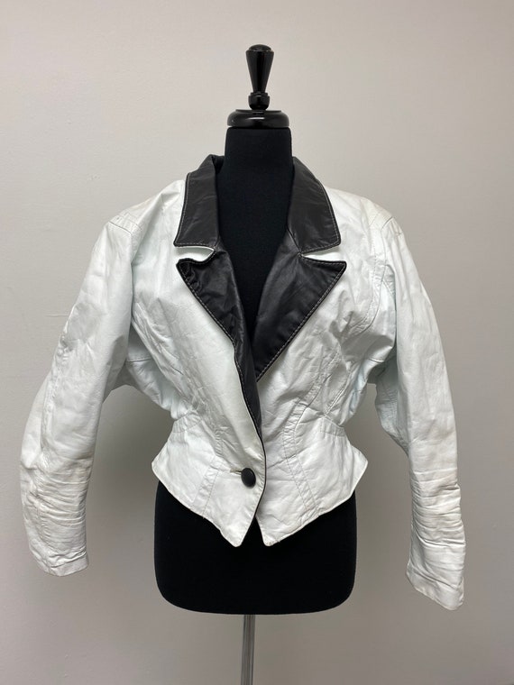 Vintage White and Black Color Block Leather Jacket