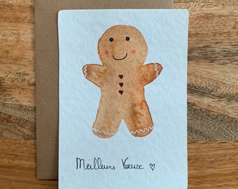 Hand drawn greeting card - painted in watercolor, gingerbread man