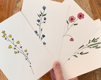 4 Hand drawn cards - painted with watercolor