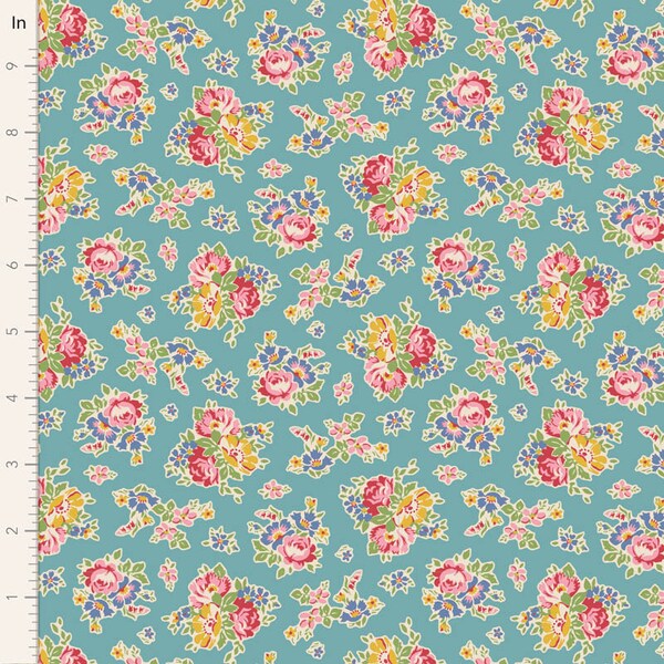 Tilda Jubilee Fabric Collection, Sue Teal, TIL100559, Tone Finnanger Fabric, Floral, 100% Cotton