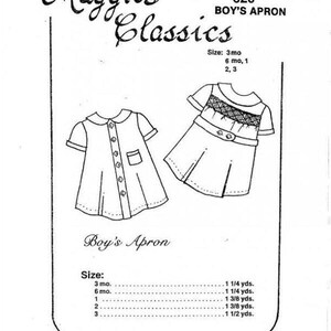 May include: A black and white line drawing of a boy's apron pattern. The pattern includes two apron designs, the text "Maggie's Classics", "Boy's Apron", and size information. The pattern is for sizes 3 months to 3.