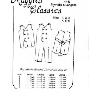 May include: A black and white illustration of a sewing pattern for children's shortalls and longalls. The pattern includes diagrams of the garments and a size chart for sizes 1, 2, 3, 4, 5, and 6. The text "Maggie's Classics" is at the top.