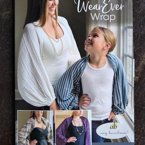 May include: A product catalog cover featuring the text "Wear Ever Wrap." The cover shows a woman and child wearing wraps. Below are two smaller images of wraps. The Amy Barickman logo is visible, along with text indicating adult and child sizes and three styles.