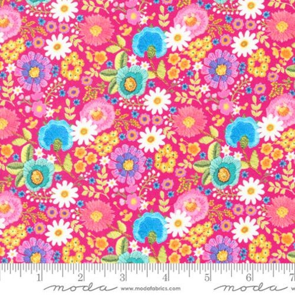 Moda Fabric, Vintage Soul, Cathe Holden, Hot Pink, Ditsy Floral Crewel Embroidery, 7436 20, 100% Cotton