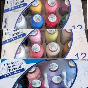 May include: A collection of embroidery thread spools in a box. The spools are various colors, including yellow, pink, blue, and white. The box is labeled "Embroidery Thread 15 WT - Rope" and "12".