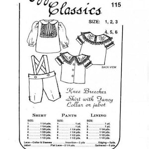 May include: Black and white line drawing of a sewing pattern for children's knee breeches and a fancy shirt. The pattern includes illustrations of the shirt, pants, and collar options, with size and yardage information.