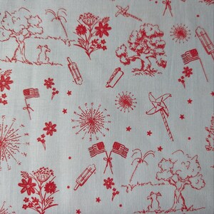 May include: White fabric with a repeating red pattern of American flags, fireworks, trees, flowers, pinwheels, and stars. The design has a hand-drawn, vintage aesthetic, perfect for patriotic crafts and decor.