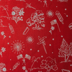 May include: Red fabric with a repeating white pattern of American flags, fireworks, trees, flowers, hot dogs, popsicles, pinwheels, and stars. The design evokes a festive, patriotic theme.