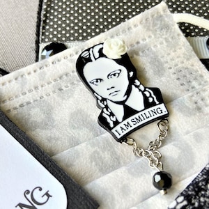 Wednesday Addams Enamel Brooch Pin: &quot;I AM SMILING&quot; + Face Masks