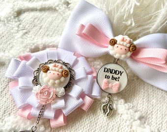 Lamb Mommy To Be Baby Shower Corsage  - Corsage Brooch Pin - Light Pink Baby Shower Theme  - Girl Baby Shower Decor - Daddy To Be Bow Tie