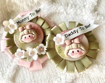 Mommy & Daddy To Be Brooch Pin Set - Little Baby Girl Shower Theme - Daddy to be Pin - Shabby Chic Baby Shower - Mom To Be Corsage