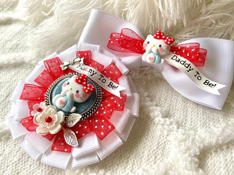 HELLO KITTY Mommy To Be Cosage Mommy To Be Pin Ribbon Corsage Hello Kitty Baby Shower Hello Kitty Decor Baby Keepsake Pin image 1