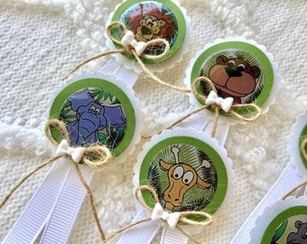 SET OF 8 Zoo Animal Baby Shower Guest Pins -  Jungle Animals - Rhino - Giraffe - Hippo - Alligator - Zebra - Monkey -Lion - Elephant