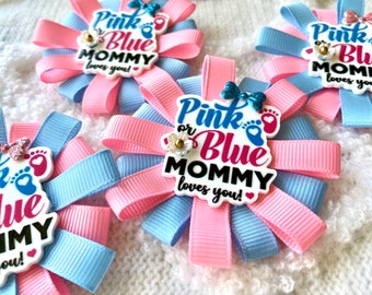 Mommy To Be Baby Shower Corsage Pin - PINK or BLUE Mommy Loves You Ribbon Corsage - Baby Reveal Shower Pins -  Ribbon Brooch Pin