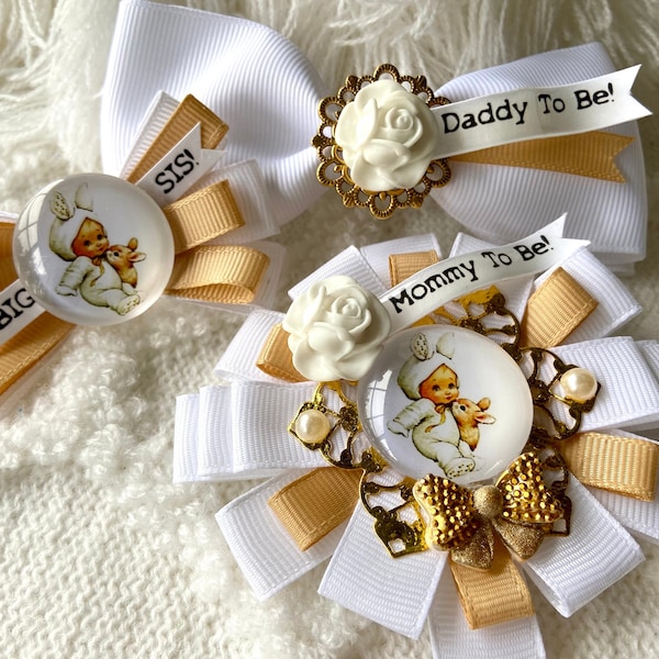 Mommy To Be Pin - WHITE BUNNY Mommy Corsage - Bunny Baby Shower Brooch Pin - Ribbon Baby Shower Bouquet - Bunny Shower Decor - Bunny Rabbit!