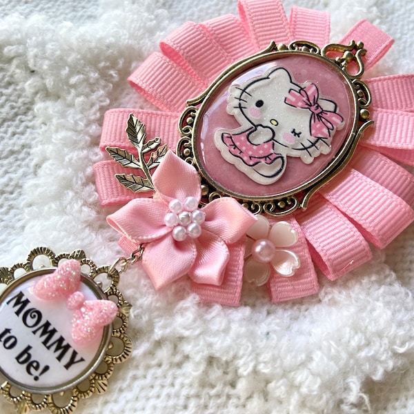 Mommy & Daddy To Be Brooch Pin Set - Hello Kitty Baby Shower Theme - Sister To Be Corsage Pin - Big Brother Bow Tie - Mommy To Be Badge!