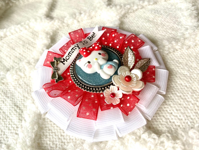 HELLO KITTY Mommy To Be Cosage Mommy To Be Pin Ribbon Corsage Hello Kitty Baby Shower Hello Kitty Decor Baby Keepsake Pin image 3