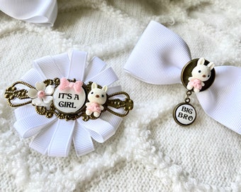 Mommy To Be Corsage Pin - Shabby Chic Baby Shower Theme - Sister To Be Corsage Pin - Big Brother Bow Tie - BIG BRO To Be Pins