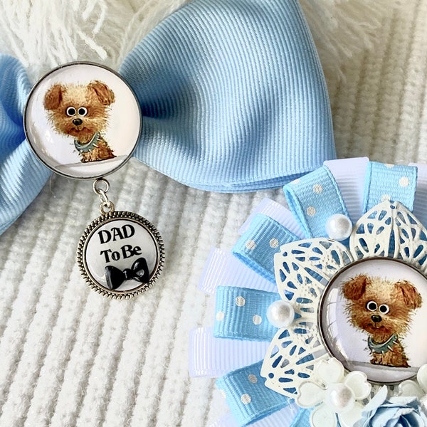 Mommy To Be Corsage & Bow Tie Set -  Puppy Dog Corsage Brooch Pin - Puppy Themed Baby Shower Decor - Baby Blue Dog Brooch Corsage!