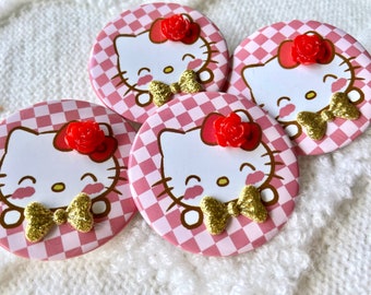 HELLO KITTY Pin Back Buttons - Hello Kitty Brooch Pins - Hello Kitty EMBELLISHED Round Buttons - Kitty Badge Pins - 1 3/4” Pinback Buttons
