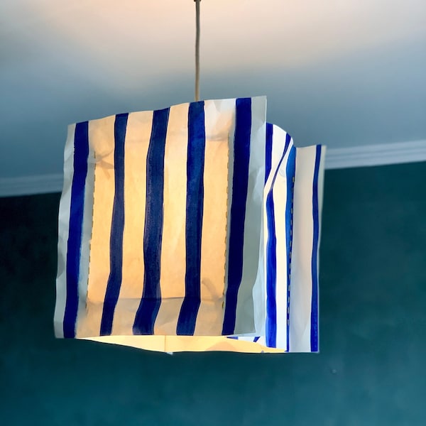 Abat-jour en Papier lavable Lampe Suspension Lignes Bleues