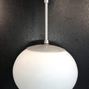 Vintage MCM Geringer Aluminum & Glass Ellipse Ball Pendant Ceiling Light - Satin White Finish