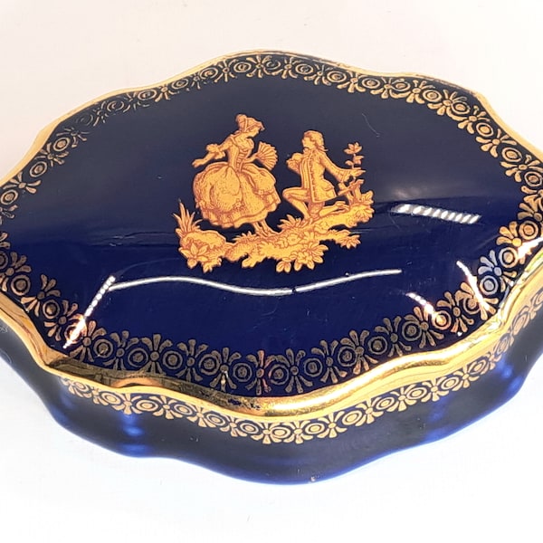 Vintage Andre Prevot Limoges France Porcelain Trinket Box Cobalt Blue & Gold Courting Couple