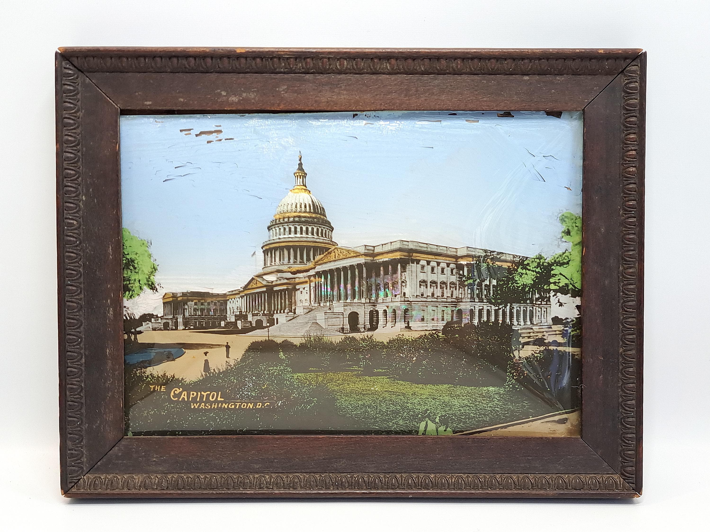 Antique US Capitol Reverse Painting on Convex Glass with Abalone
