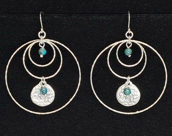 Opulenza Sterling Silver 925 Dangle Earrings Circles/Rings With Turquoise Accents