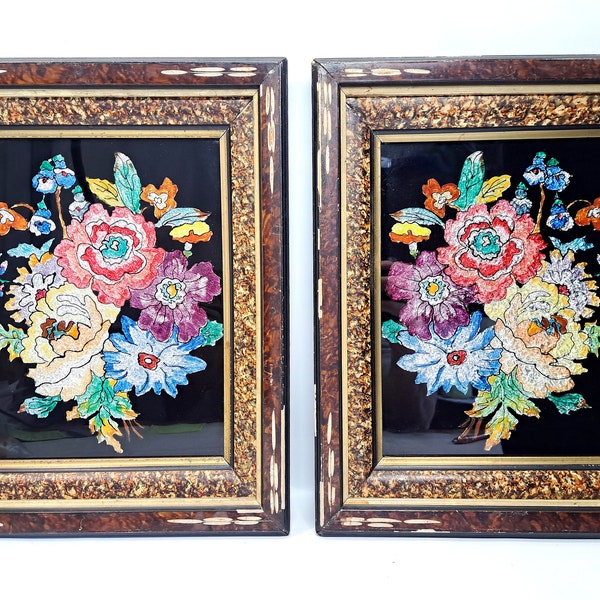 Pair Antique Early American Folk Art Reverse Tinsel Foil Painting Victorian Art Floral