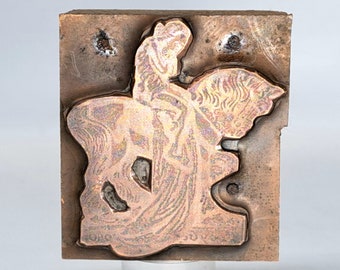 Antique Copper & Wood Lady Godiva On Horseback Letterpress Printers Block