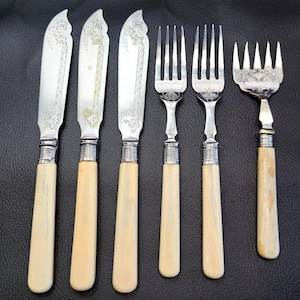 Set of 6 Antique Sheffield Fish Forks & Knives - Silver Plate Bright Cut Engraved Blades - Sterling Band -Bovine Bone Handles