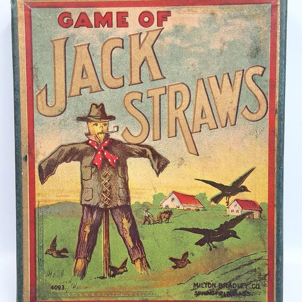 Antique 1890s Game of Jack Straws #4093 by Milton Bradley Company 1st Edition Scarecrow Cover