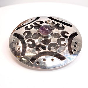 Vintage Mexico Sterling Silver Open Work Pillow Brooch / Pendant With Amethyst Accent