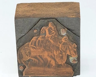 Antique Copper & Wood Mother and Child Being Led on Horseback Letterpress Printer Block