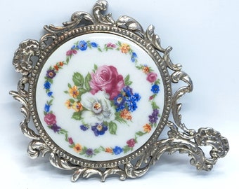 Antique Silver Plate and Hand Painted Porcelain Hand Mirror