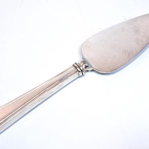 May include: A silver-toned cake server featuring a triangular, flat blade and a long, straight handle with subtle grooved detailing along the edges. The metal surface has a polished finish, and the handle terminates in a slightly pointed end.