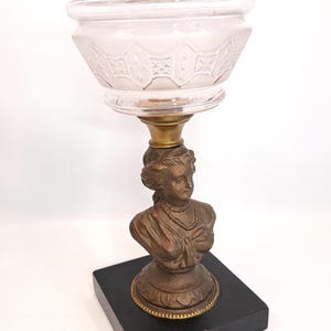 Antique Victorian Oil Lamp Figural Female Bust With Slate Base and Frosted Glass Font