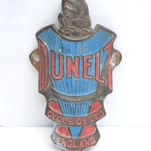 Vintage Dunelt Cycle Company Bicycle Head Badge Embossed Metal Logo