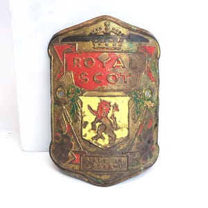 Vintage Royal Scot Bicycle Head Badge Embossed Metal Logo England