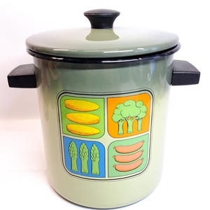 May include: A light green enamel pot with a matching lid and black handle. The pot features a colorful graphic of vegetables, including corn, broccoli, asparagus, and sausages. The pot is designed for cooking.