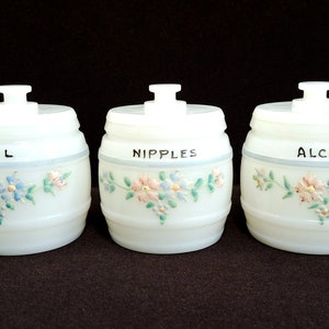 Vintage Set of 3 Kruger Glass Co Germany Hand Painted Floral Nursery Jars With Lids