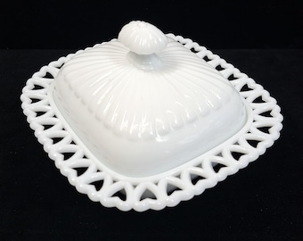 Antique Milk Glass Covered Dish Dainty Hearts Open Lace Border