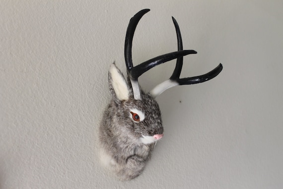 Brown JACKALOPE Head Mount Rabbit Realistic Animal Figurine Cabin Decoration