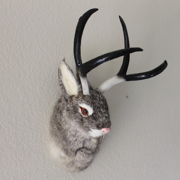 Gray Grey Jackalope Head Mount Rabbit with Antlers Furry Animal Figurine Cabin Decor