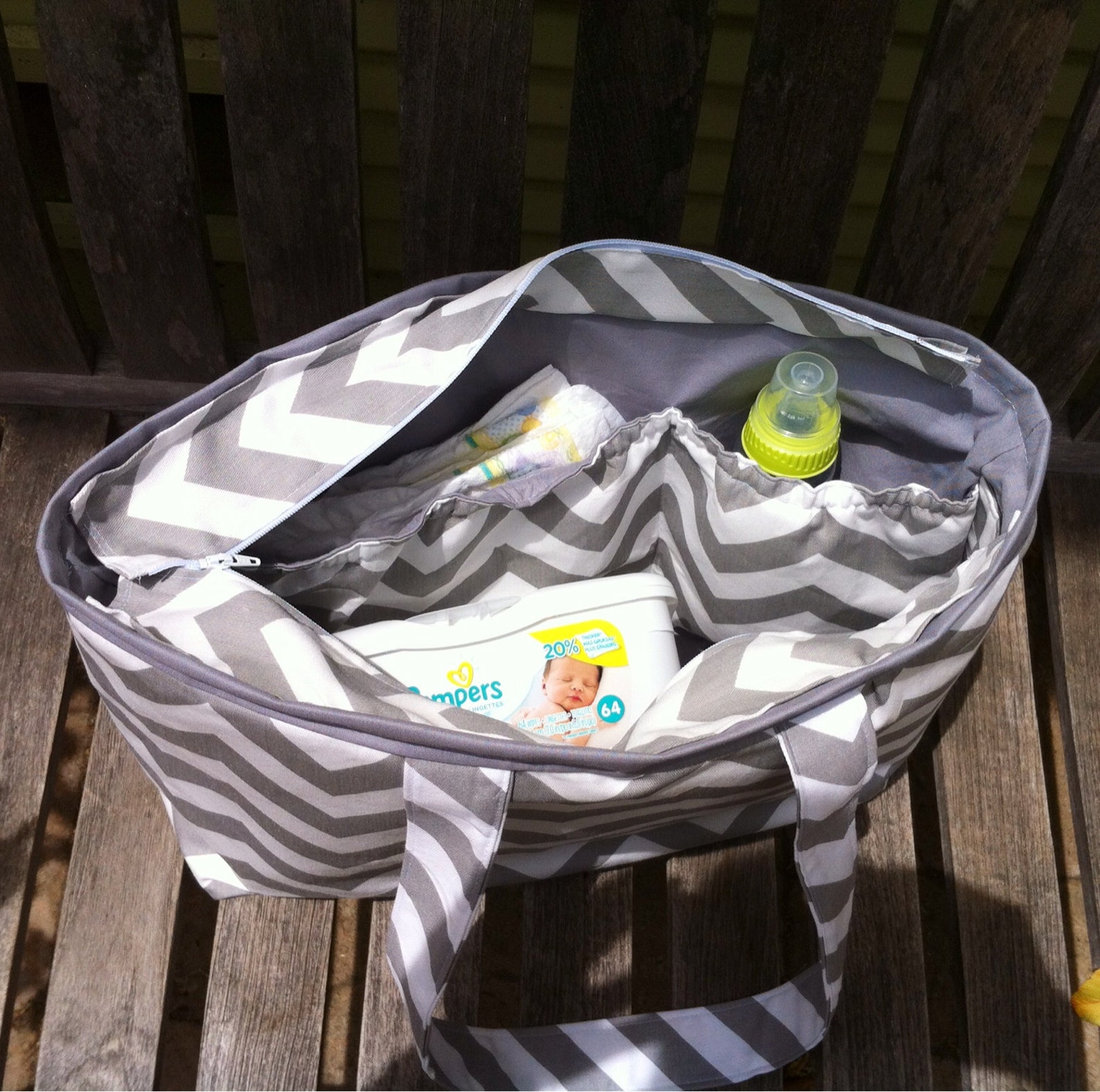 Large Diaper Bag Gray and White Chevron Baby Bag Zipper Etsy